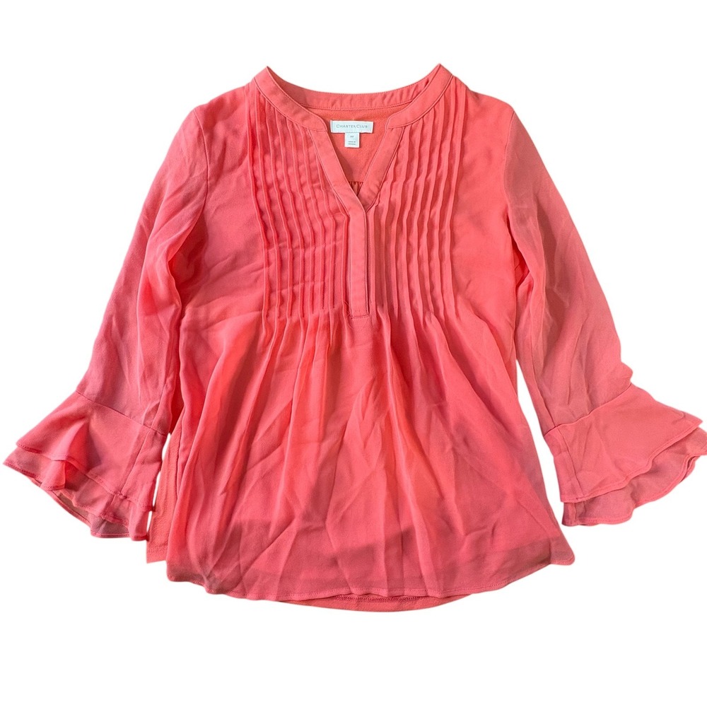Charter Club Petite Pink Coral Pintuck Pleated Ruffle Bell Sleeve Blouse PP
